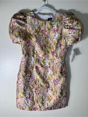 Clover and Sloane Floral Puff Sleeve Mini Dress in Pink, Olive & Cream size 6